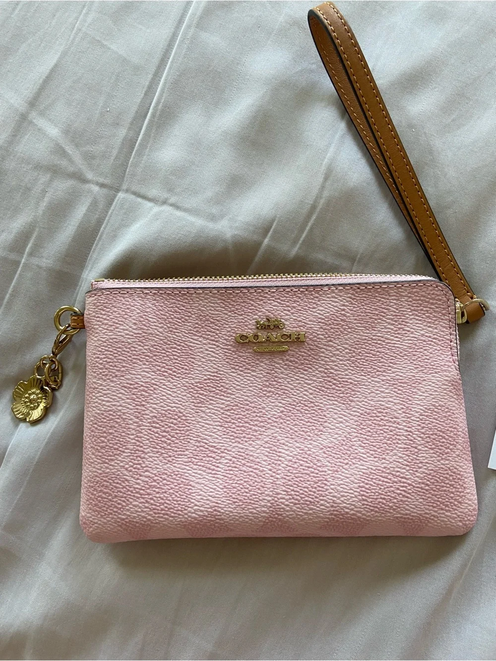 Coach Powder Pink Leather Wristlet with Tan Strap